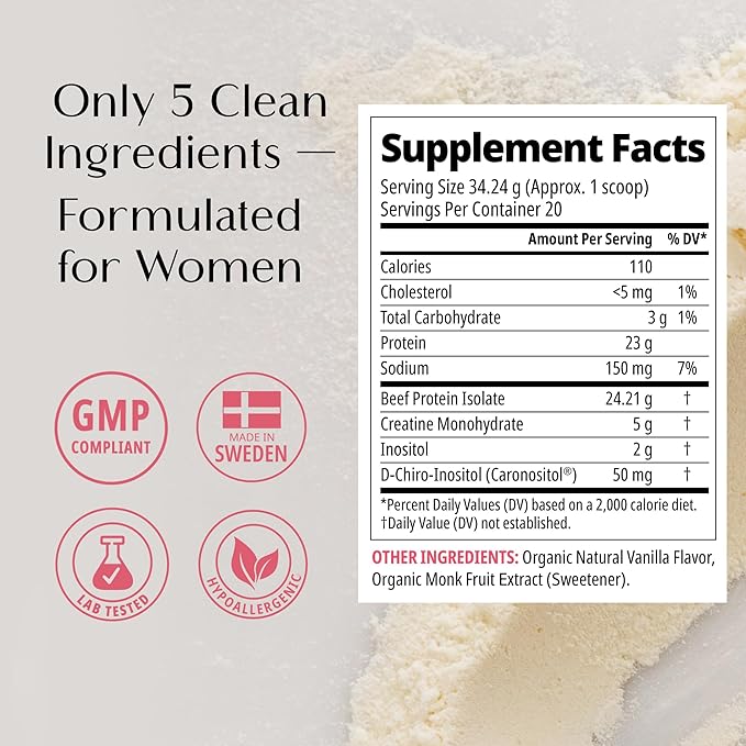 Wellena Her Protein – 3-in-1 Whey-Free Beef Isolate Formula with Creatine &amp Inositol – Grass-Fed Protein Powder – Dairy &amp Pea Free – Women’s Daily Nutrition