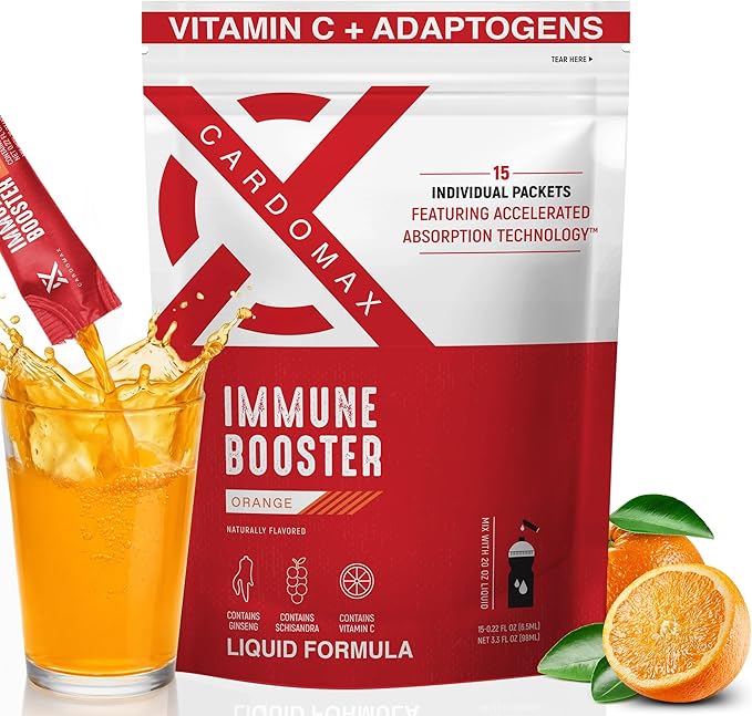 CardoMax Immunity Booster Liquid Drink Mix for Kids &amp Adults with Vitamin C Ginseng Rhodiola &amp Schisandra – Sugar-Free Immune Support Supplement Orange Flavor 15 Single-Serve Liquid Sticks