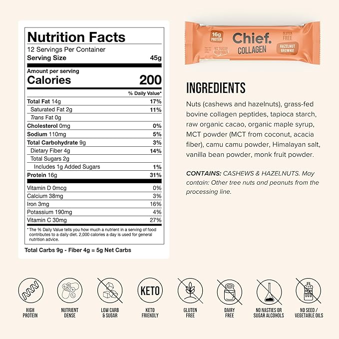 Chief Collagen Protein Bar Hazelnut Brownie 100% Natural Ingredients Keto &amp Paleo Friendly Snack Gluten Free &amp Low Sugar 12 Pack