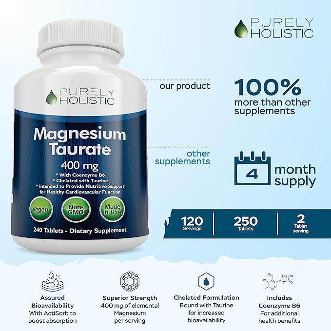 Magnesium Taurate 400mg Tablets - Chelated Magnesium with Taurine and Coenzyme B6 - High Absorption Complex for Cardiovascular Health Muscle and Nerve Function - 240 Vegan Tablets