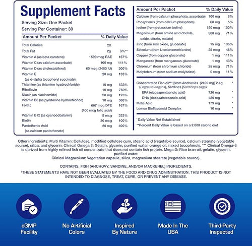 All in One Vitamin Packs for Women &amp Men - Clinically Formulated Men &amp Women's Womens Over 50 Multivitamin with Omega 3 Magnesium Vitamin D3 &amp Citrus Bioflavonoids - 1 Month Supply