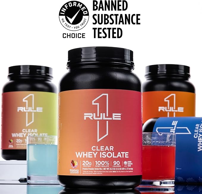 Rule 1 Clear Whey Isolate - 20g All-Whey Isolate Protein Mix Over 9g EAAs 90 Calories Zero Sugar Easy to Digest Light Crisp and Refreshing Taste (27 Servings Strawberry Lemonade)