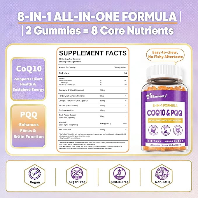 CoQ10 Gummies 200mg with PQQ Red Yeast Rice &amp Omega 3 | High Absorption Coenzyme Q10 Supplements for Hear-t Health Brain &amp Cellular Energy | Sugar-Free Vegan 120 Counts