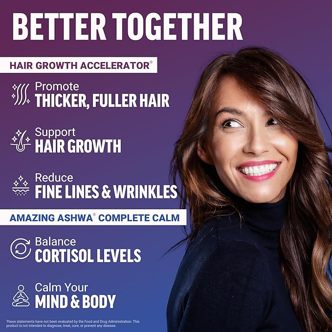 Force Factor Hair Growth Accelerator Capsules 90 Capsules + Amazing Ashwa Complete Calm Support with KSM-66 Ashwagandha Blueberry Pomegranate 60 Soft Chews