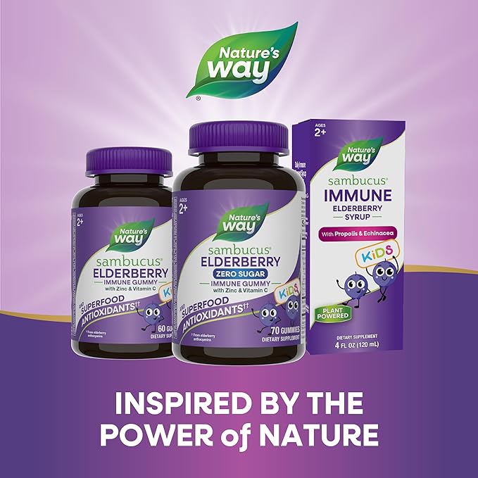 Nature's Way Sambucus Zero Sugar Elderberry Immune Gummies for Kids Immune Support* with Vitamin C Zinc Black Elderberry Extract 70 Count (Packaging May Vary)