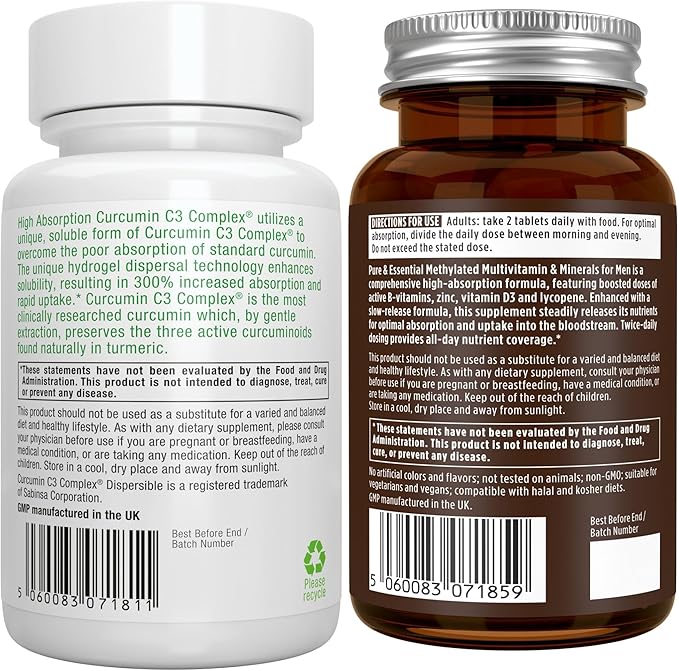 Multivitamin &amp Minerals for Men + High Absorption Curcumin C3 Complex Vegan Bundle Sustained Release Advanced Multivitamin + 300% Greater Absorption Curcuminoids with Rapid Uptake by Igennus