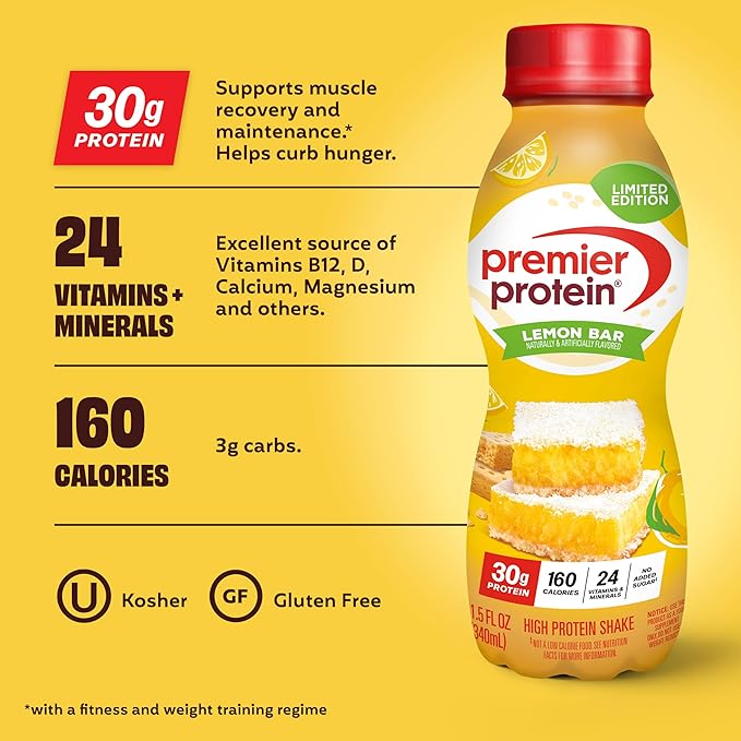 Premier Protein ShakeLimited EditionLemon Bar30g Protein1g Sugar24 Vitamins &amp Minerals11.5 oz(Pack of 24)