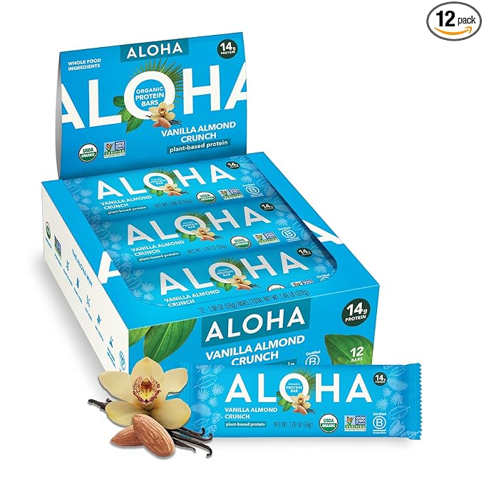 ALOHA Organic Plant Based Protein Bars Vanilla Almond Crunch 1.98-Ounce Bars (Pack of 12)