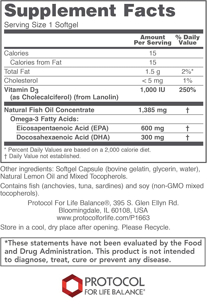 PROTOCOL FOR LIFE BALANCE Ultra Omega 3-D - 600mg EPA 300mg DHA &amp 1000 IU Vitamin D3 - Fish Oil for Brain Support - EPA DHA Omega Supplement - Non-GMO &amp Halal - 90 Softgels
