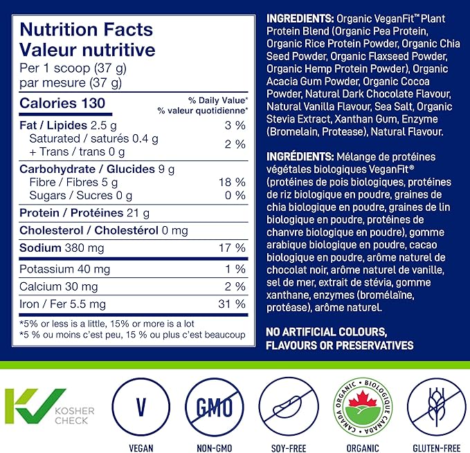 LeanFit Organic Plant-Based Protein Powder Natural Chocolate Flavor - Vegan USDA Organic Certified Soy-Free Gluten-Free Dairy-Free Sugar-Free Non-GMO - 21g Protein 18 Servings 1.58 Pound Tub