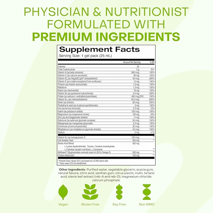 Healthycell Vegan Daily Multivitamin Liquid Supplement with Iron and Omega-3 25+ Essential Vitamins Minerals &amp Nutrients for Brain &amp Heart Health Immune Support &amp Energy - 30 Gel Packs