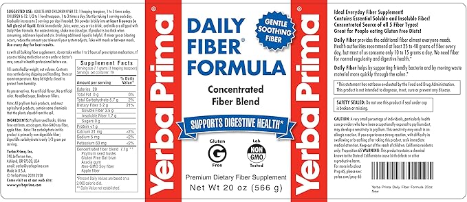 Yerba Prima Daily Fiber Formula - 20 oz Powder (Pack of 2) - Unflavored Concentrated Blend of Soluble/Insoluble Psyllium Seed Husks Acacia Gum Apple Fiber Supplement - Regularity Colon Cleanser