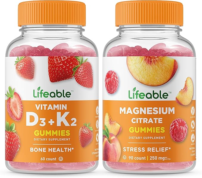 Lifeable Vitamin D3 + Vitamin K2 + Magnesium 85mg Gummies Bundle - Great Tasting Vitamin Supplement Gluten Free GMO Free Chewable Gummy
