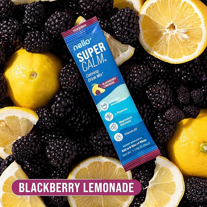 Nello Supercalm Powdered Drink Mix Cortisol Reducer* Sleep Aid Supplement L Theanine Ksm-66 Ashwagandha Magnesium Glycinate Vitamin D 3 No Sugar Non GMO 20 Ct BlackBerry Lemonade