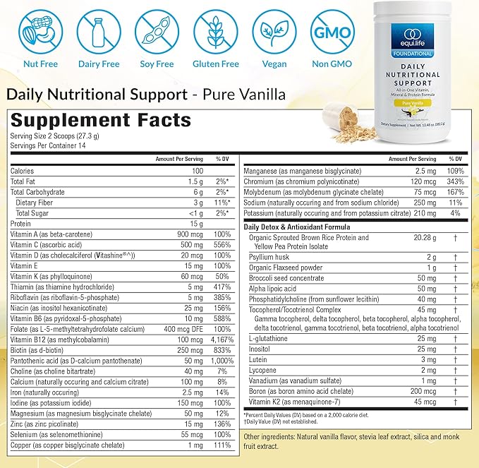 Equilife Daily Nutritional Support All-in-One Multivitamin Meal Replacement Pure Vanilla Flavor 15G Plant Protein Supports Overall Wellness Including Energy Digestion &amp Skin 14 Servings Tub