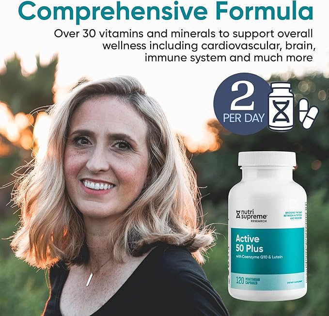 Nutri Supreme Active 50 Plus CoQ10 Lutein ALA and Turmeric Advanced Formula for Healthy Aging and Vitality 120 Vegetable Capsules