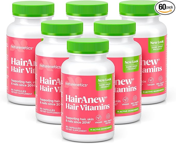 HairAnew Hair Growth Vitamins for Thicker Stronger Hair | Works for Women &amp Men All Hair Types | 11 Hair Vitamins &amp Ingredients | 5000mcg Biotin | Vegan | Independently Tested | 60 Capsules (6