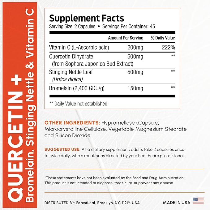 ForestLeaf Quercetin with Bromelain - 1350mg Blend with Vitamin C &amp Stinging Nettle Advanced Quercetin 500mg Supplement Non-GMO Gluten Free Natural Immune &amp Respiratory Function 180 Veggie