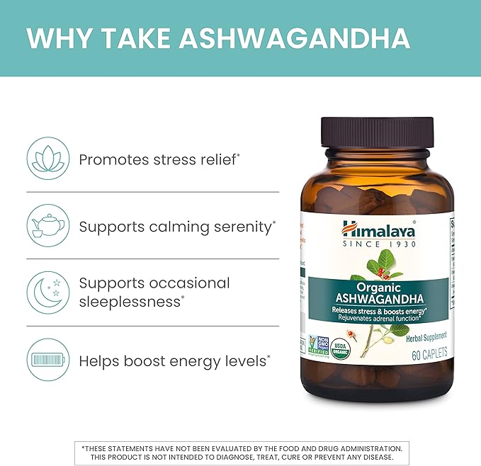 Himalaya Organic Ashwagandha Root 120 Day Supply - Herbal Adrenal Support Supplements for Stress Relief and Energy Support - USDA Organic Non-GMO Vegan Gluten Free 60 Caplets 2 Pack