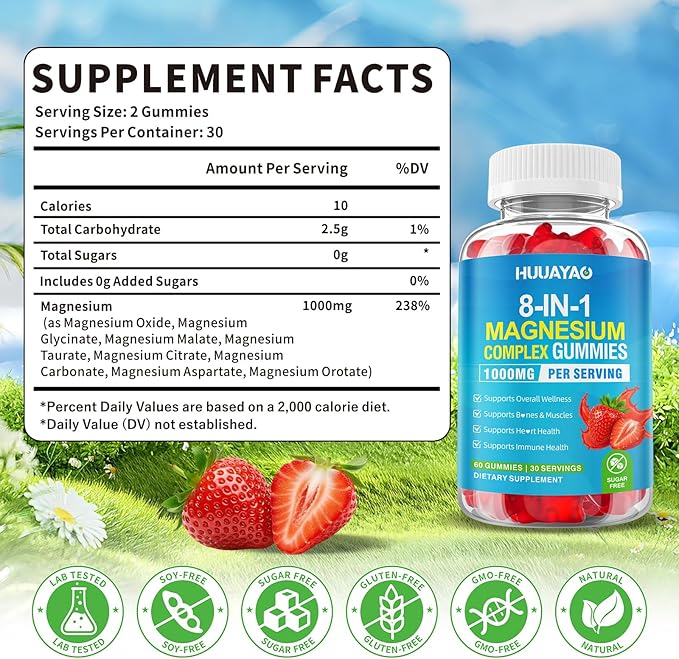 Magnesium Complex Gummies for Women Men 8 in 1 Magnesium Glycinate Citrate Malate Taurate for Bones Muscle Nerve Health Sugar-Free Vegan Non-GMO Strawberry Flavor 120 Count