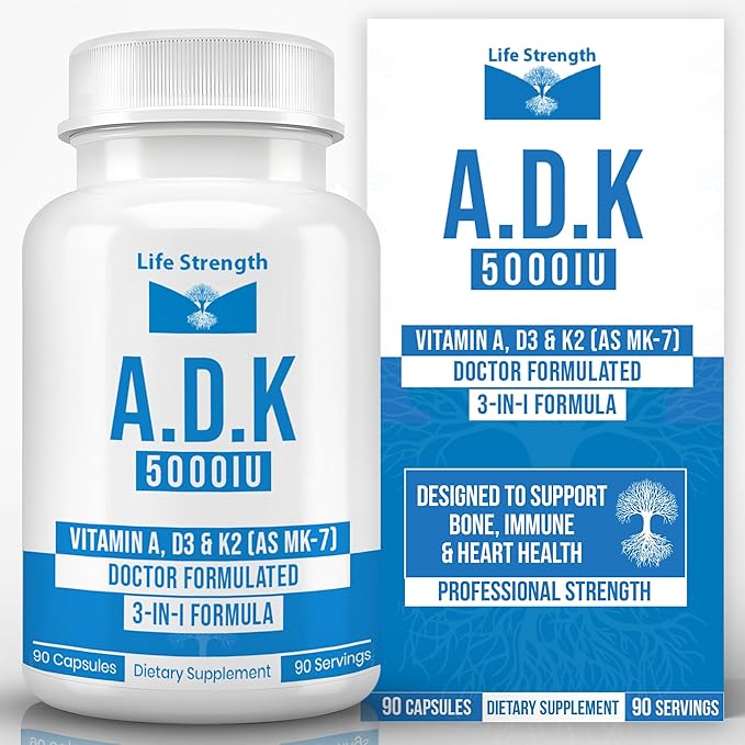 ADK 90 CT 5000 IU Physician Formulated Vitamins A D3 &amp K2 (as MK7) Bone Heart &amp Immune System Support Gluten Free Soy Free Non-GMO