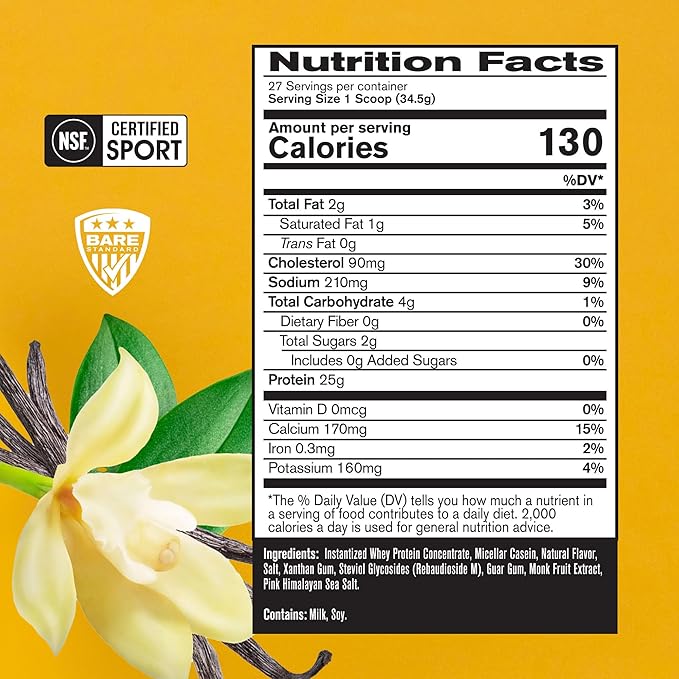 BARE PERFORMANCE NUTRITION BPN Whey Protein + Casein Protein Powder Blend Vanilla 25g Protein per Serving Supports Lean Muscle Recovery 27 Servings Third Party Tested