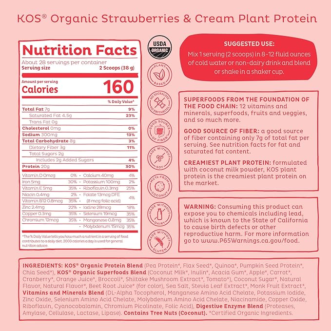 KOS Vegan Protein Powder Strawberries &amp Cream USDA Organic - Low Carb Pea Protein Blend Plant Based Superfood with Vitamins &amp Minerals Gluten Free - Meal Replacement for Women &amp Men - 2