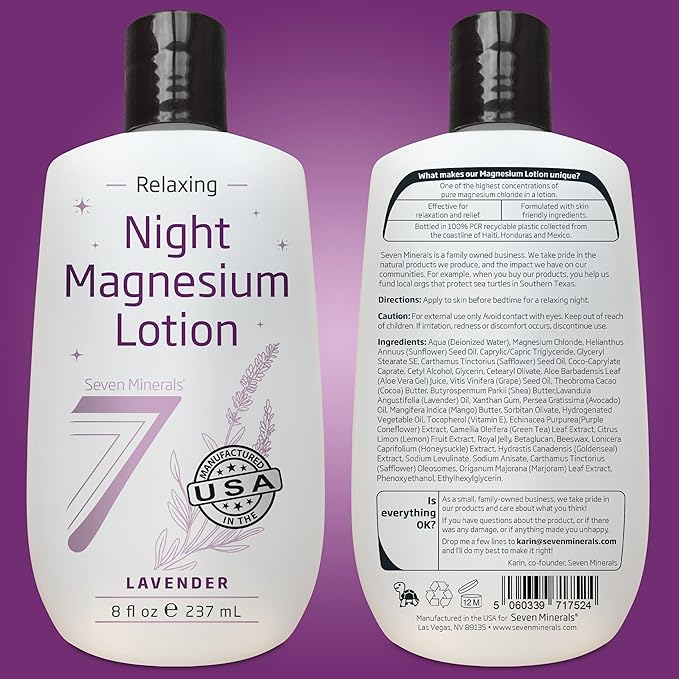 Seven Minerals Magnesium Lotion for Sleep - Lavender Relaxing Night Blend - Highly Concentrated Magnesium for Better Sleep Body &amp Mind Relaxation. Non-Greasy Skin Friendly - 8 fl oz