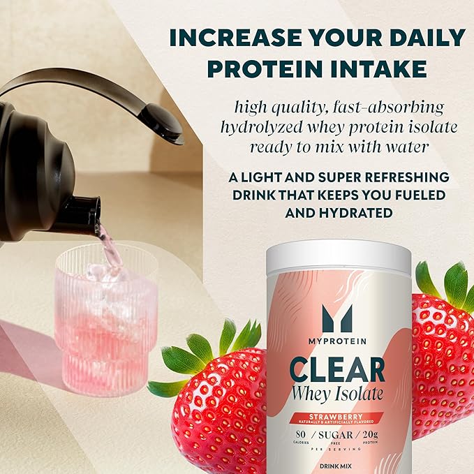 Myprotein Clear Whey Isolate Protein Powder 20 Servings (1.1lbs) Strawberry 20g Protein per Serving Naturally Flavored Drink Mix Daily Protein Intake for Superior Performance