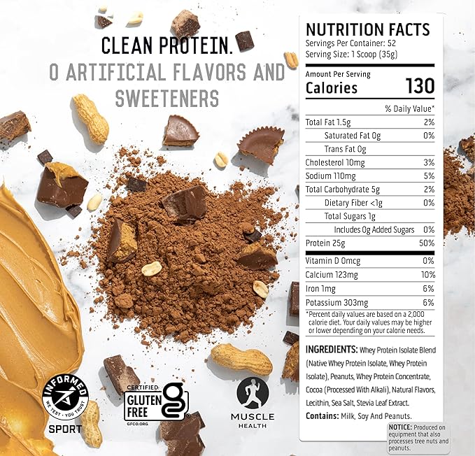 Ascent 100% Whey Protein Powder - Post Workout Whey Protein Isolate Zero Artificial Flavors &amp Sweeteners Gluten Free 5.5g BCAA 2.6g Leucine Essential Amino Acids Chocolate Peanut Butter 4 lb