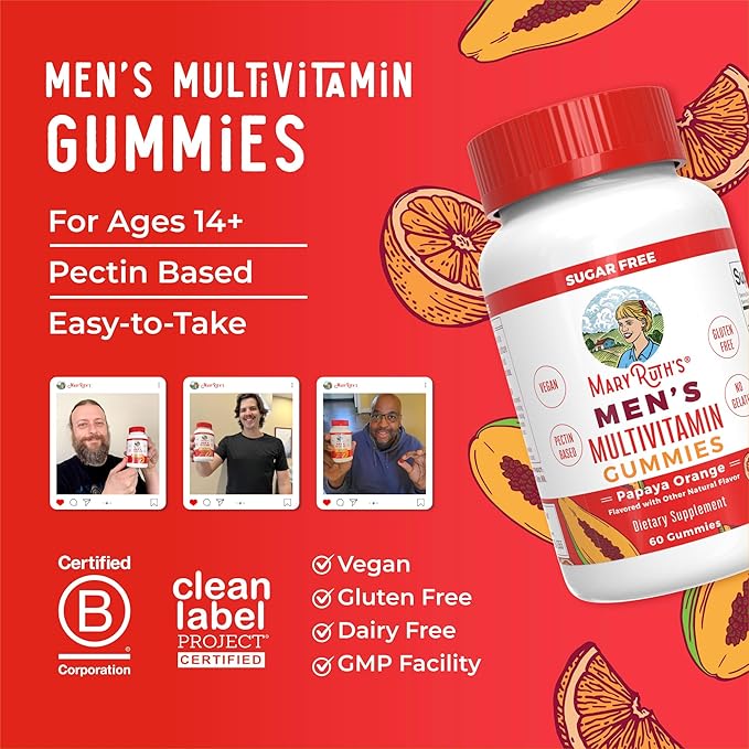 MaryRuth's Multivitamin Gummies for Men | Vitamin A C D E B6 B12 Biotin Zinc | Energy Metabolism | Immunity | Bone Health | Cellular Health | Vegan | Non-GMO | Gluten &amp Sugar Free | 60 Coun