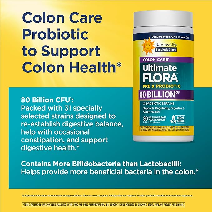Renew Life Probiotic Colon Care Probiotic Capsules Daily Supplement Offers Colon Support L. Rhamnosus GG Dairy Soy and gluten-free 80 Billion CFU 30 Count