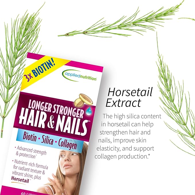 Applied Nutrition Longer Stronger Hair &amp Nails - 60 Liquid Soft-Gels Pack of 4 - Biotin Silica &amp Collagen - 120 Servings