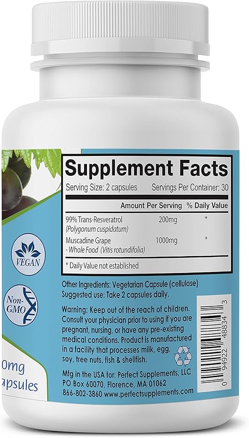 Perfect Supplements – Perfect ResGrape Resveratrol – 60 Veggie Capsules – Trans-Resveratrol &amp Organic Muscadine Grape
