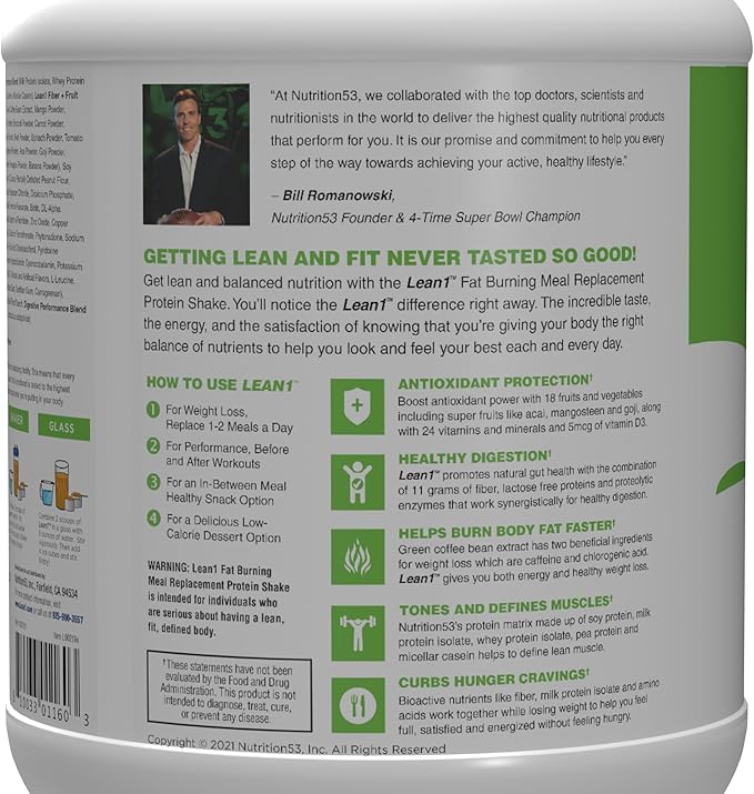 Lean1 Meal Replacement Protein Powder Chocolate Peanut Butter Flavor 15-Serving Tub.