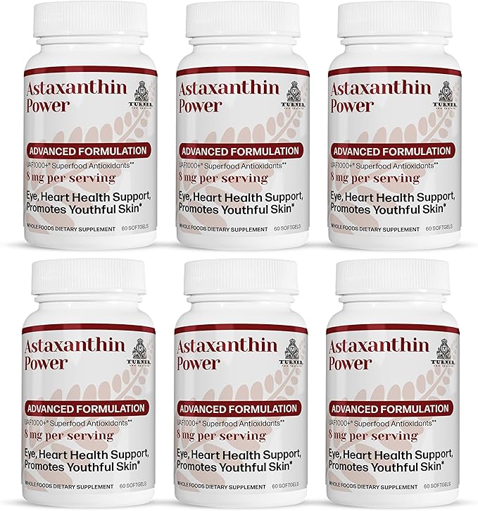 TURNER New Zealand Astaxanthin Power with UAF1000+ Anti-Aging Skin Eye Nerve Muscle Recovery Immune Support Antioxidant Supplement 12mg Astaxanthin 180 Servings 6 Bottles