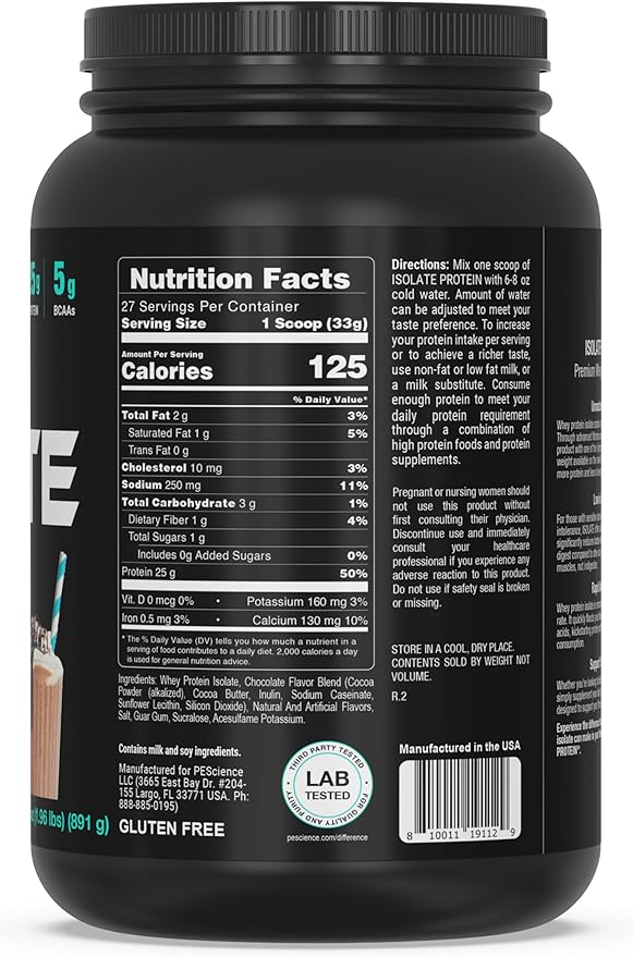 PEScience Isolate Whey Protein Powder Gourmet Chocolate 27 Servings 100% Whey Protein Isolate Low Carb Fast Absorbing Post Workout Shake for Men and Women