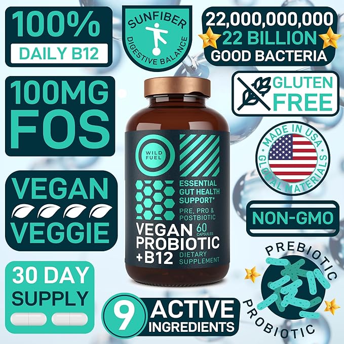 Vegan Probiotic Plus B12 &amp FOS - 22 Billion CFU Synbiotics Prebiotics and Probiotics for Digestive Health IBS Mood Support - B12 Pre Pro Post Biotics for Women &amp Men - 60 Gluten-Free Capsule