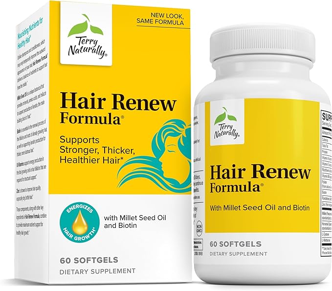 Terry Naturally Hair Renew Formula - Healthy Hair Growth Supplement with Biotin B Vitamins &amp Zinc - Millet Seed Oil for Keratin Production Support &amp Stronger More Radiant Strands - 60 Softgel