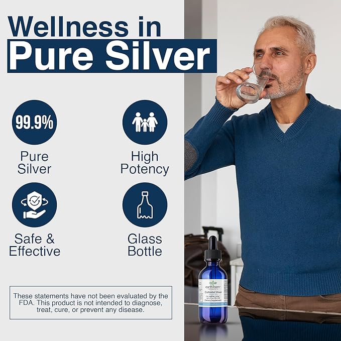Earthborn Colloidal Silver Liquid (4oz) - 100PPM Pure Monatomic Silver Water - 99.9% Natural Nano Silver Liquid Supplement for Immune Support* Non-GMO Glass Bottle | Made in USA