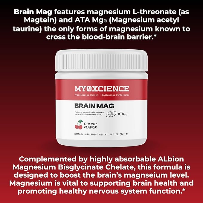Brain Mag Magnesium L-Threonate (Magtein) w/Mag Taurate (ATA Mag) Mag Glycinate for Brain Support | 60 Servings (Cherry)