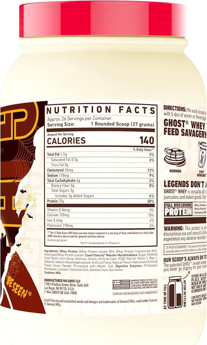 GHOST Whey Protein Powder Count Chocula - 2.12LB 25G of Protein - Whey Protein Blend - ­Post Workout Fitness &amp Nutrition Shakes Smoothies Baking &amp Cooking - Soy &amp Gluten-Free