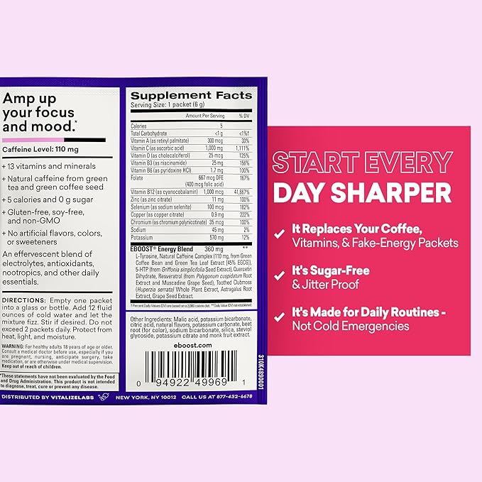 EBOOST SUPER POWDER Drink Mix - Acai Pomegranate 0.2 oz 20 Pack Hydration Energizer Electrolytes Powder - 13 Vitamins &amp Minerals - 110 mg Caffeine - 0 Added Sugar - No Artificial Flavors or Sweete