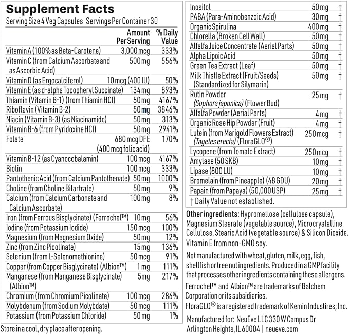 NeuEve Multivitamin for Menopausal Women Immune Support Supplement with Iron Vitamin D 30 Day Supply 120 Veg Capsules.