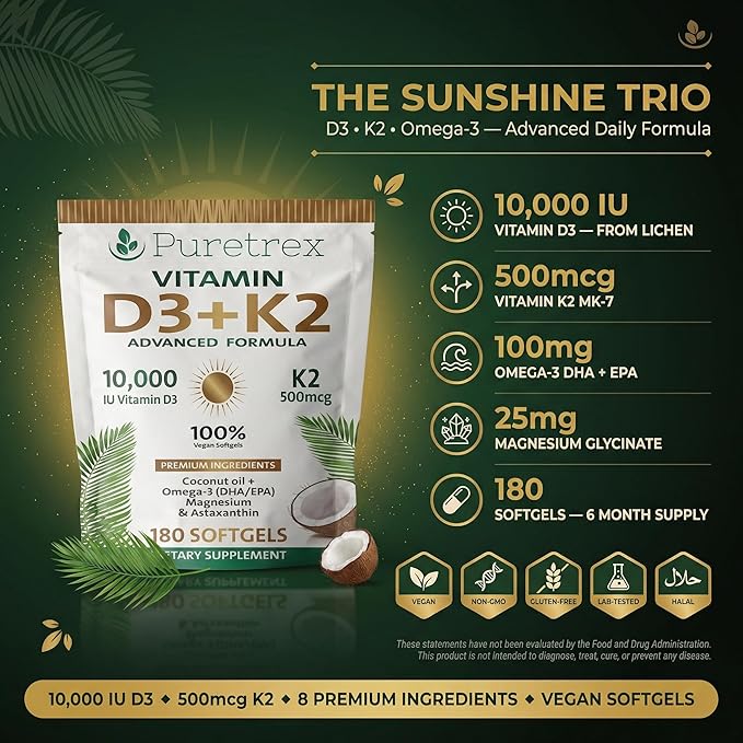 Vitamin D3 10000 IU + K2 MK-7 (500mcg) | High-Strength Vegan D3 from Lichen | Omega-3 DHA/EPA Astaxanthin Black Seed Oil &amp Algal DHA | Immune Bone Heart &amp Muscle Support | 180 Softgels