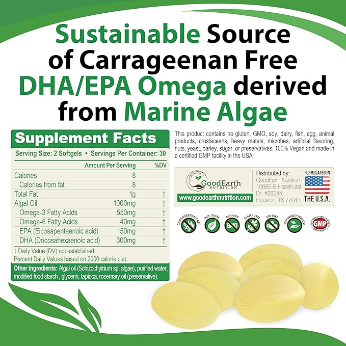 Vegan Omega 3 - Carrageenan Free Plant Based Algal DHA/EPA- 60 Veggie Softgels - Supports Brain Heart &amp Prenatal Health - Essential Fatty Acids Supplements