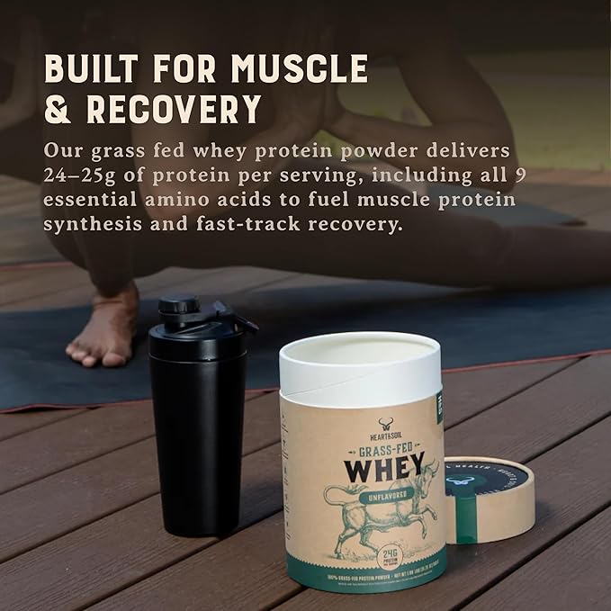 HEART &amp SOIL 100% Grass Fed Protein Powder – Single Ingredient: Whey Protein Concentrate - UNFLAVORED – Cold-Processed to Preserve Nutrients – 24g of Pure Grass Fed Whey Per Serving – 2lbs