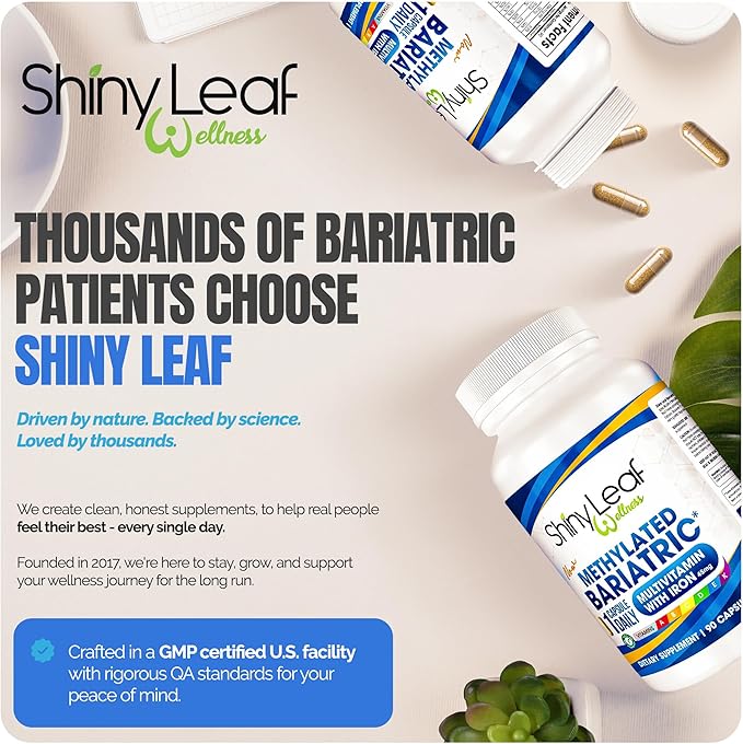 Shiny Leaf Methylated Bariatric Multivitamin with Iron 45mg – Once Daily Capsule Made in USA ASMBS Compliant Bariatric Vitamins for Gastric Bypass &amp Gastric Sleeve for Men &amp Women – (90 Cou