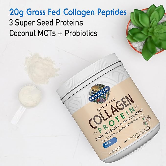 Garden of Life Grass Fed Collagen Protein Powder - Vanilla 14 Servings Powder for Joints Mobility Muscle Repair Collagen Peptides + Super Seeds + Coconut MCTs Keto Supplement