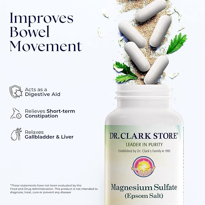 Dr. Clark Magnesium Sulfate USP (Epsom Salt): 1030 mg Magnesium Supplement for Digestive Support and Wellness 100 Gelatin Capsules